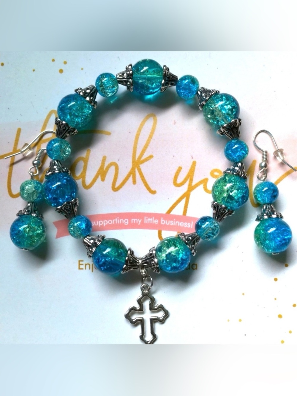 Turquoise Crackle Bead Bracelet with Cross Charm - Womens Jewelry